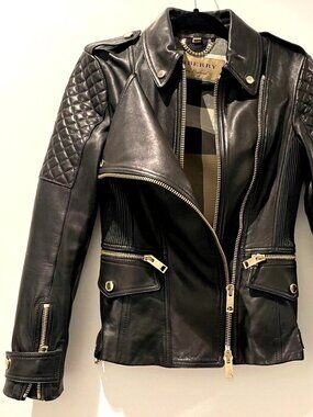 Burberry London Diamond Quilt Lamb Skin Leather Biker Jacket US-6